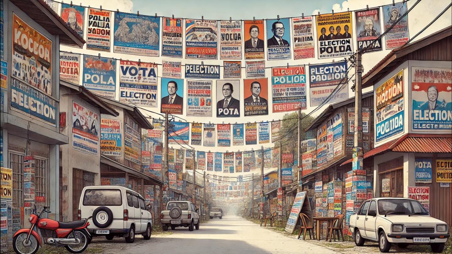 Eine Straße gesäumt mit Wahlplakaten, KI-Generiert