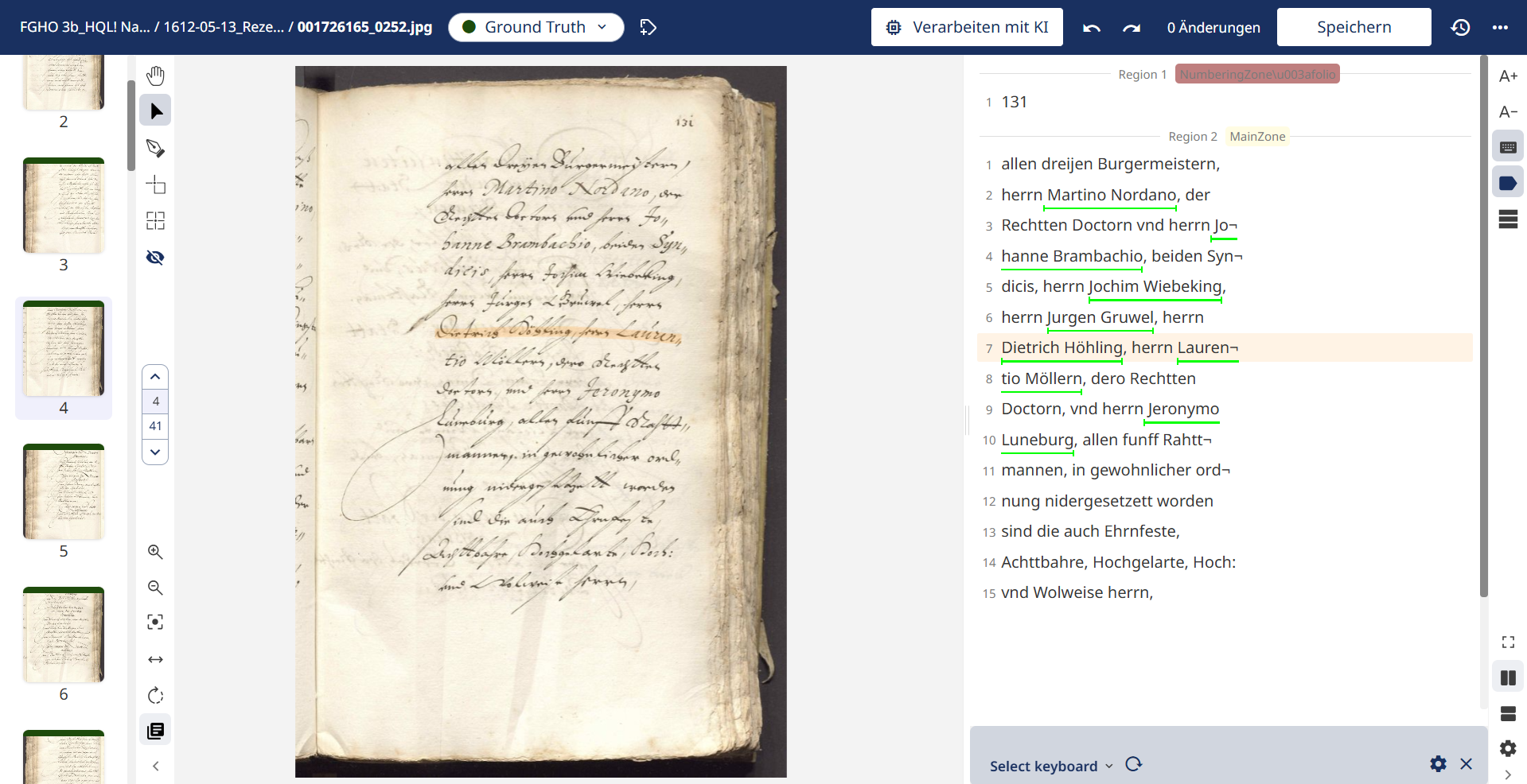 Auf dem Bild ist die Nutzeroberfläche des Transkriptionsprgramms Transcribus zu sehen. Auf der linken Seite des Bildschirms ist die Seite mit den historischen Handschriften, auf der rechten die mit den Übertragungen in moderne Schrift.