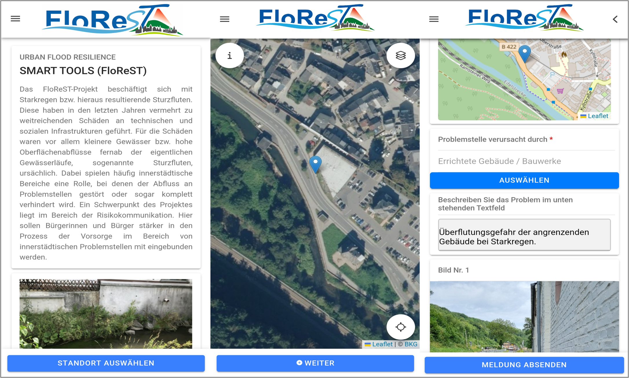 Auf dem Bild sind drei Screenshots aus der Citizen-Science-App von FloReST abgebildet. 